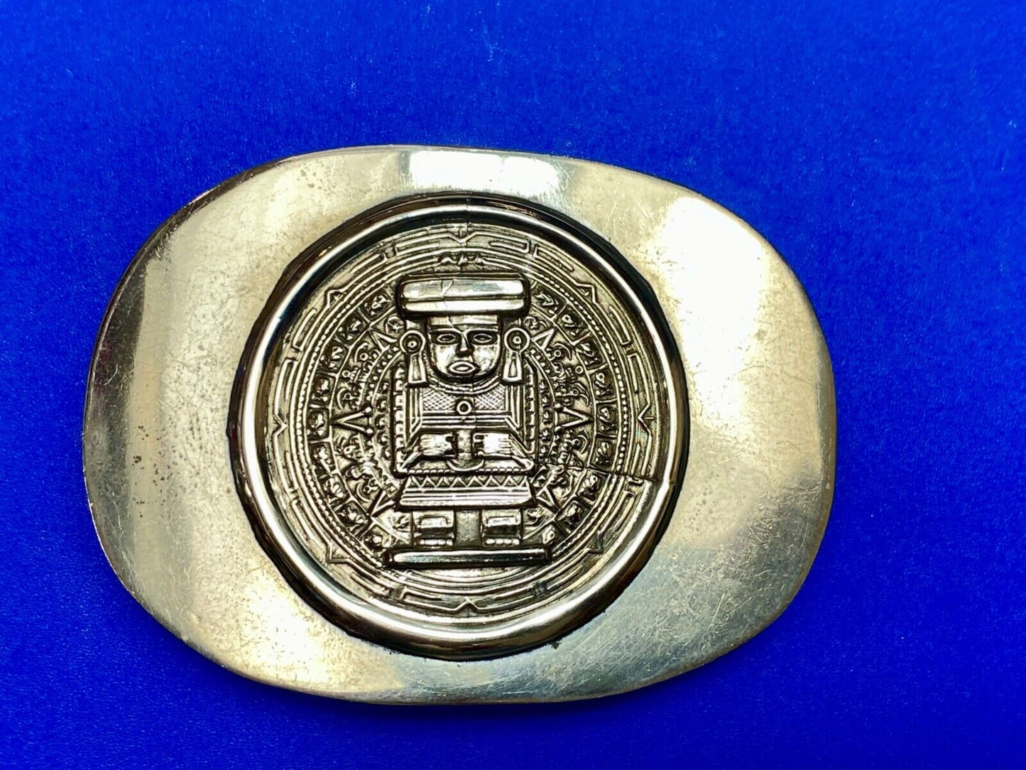 Aztec Calendar Person Figure silver tone? Belt Buckle Mayan Indian
