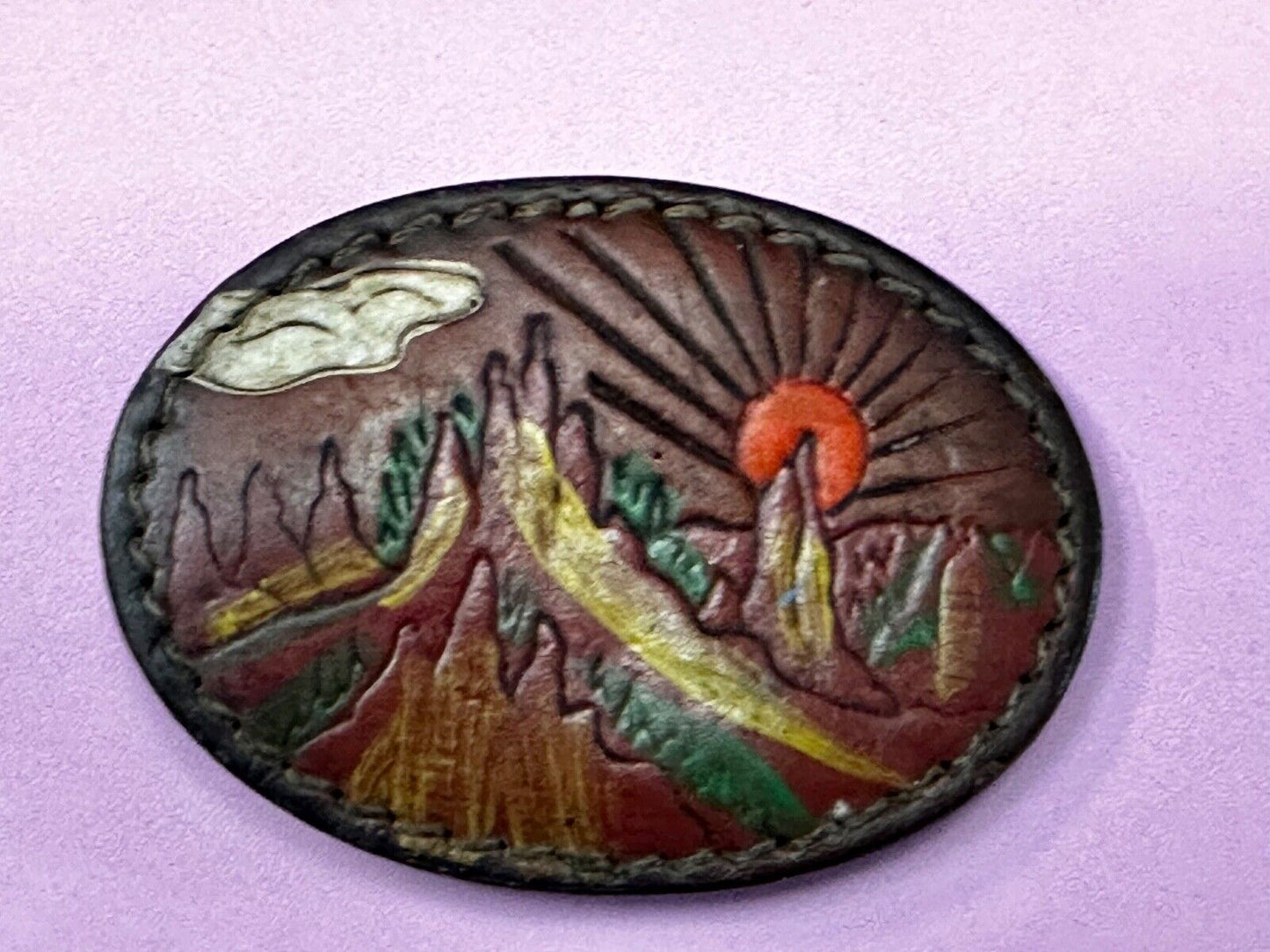 Beautiful Nature Scenery on Vintage Brown Leather Oval Belt Buckle