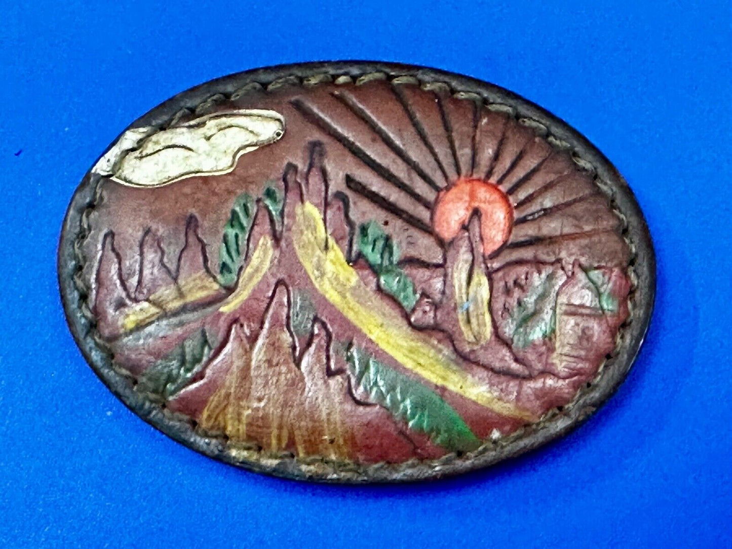 Beautiful Nature Scenery on Vintage Brown Leather Oval Belt Buckle