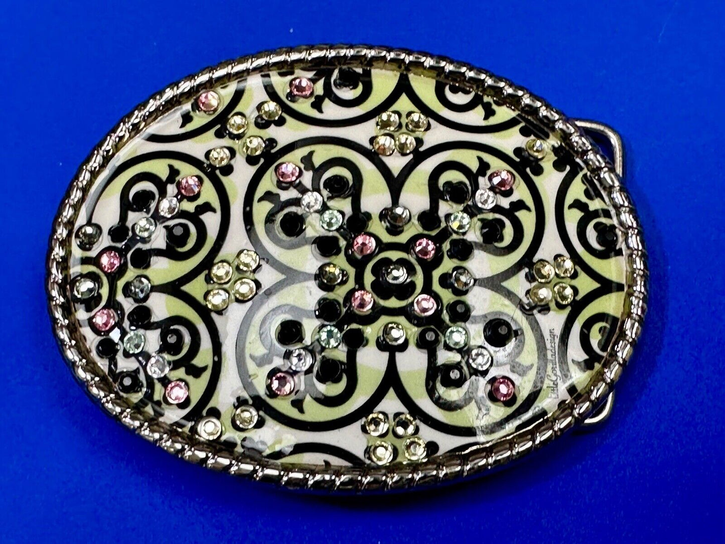Artisan western oval girlie pink & green rhinestone accented belt buckle