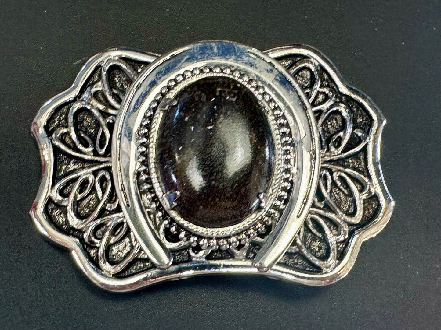 Beautiful Black Detailed cabochon cab stone centerpiece on horseshoe belt buckle