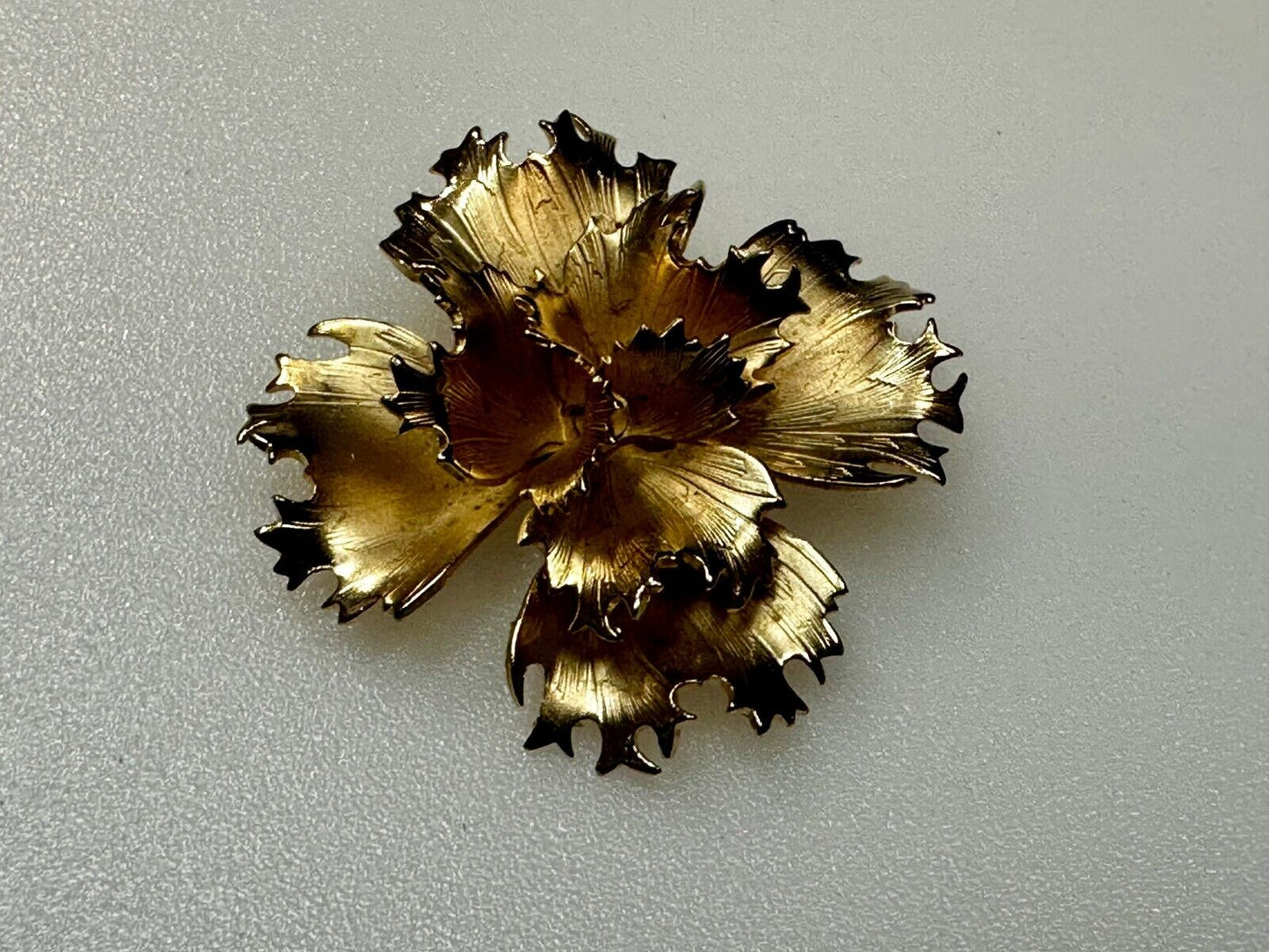 Beautiful Carnation Flower Cutout Gold Tone Brooch Pin Signed by Giovanni