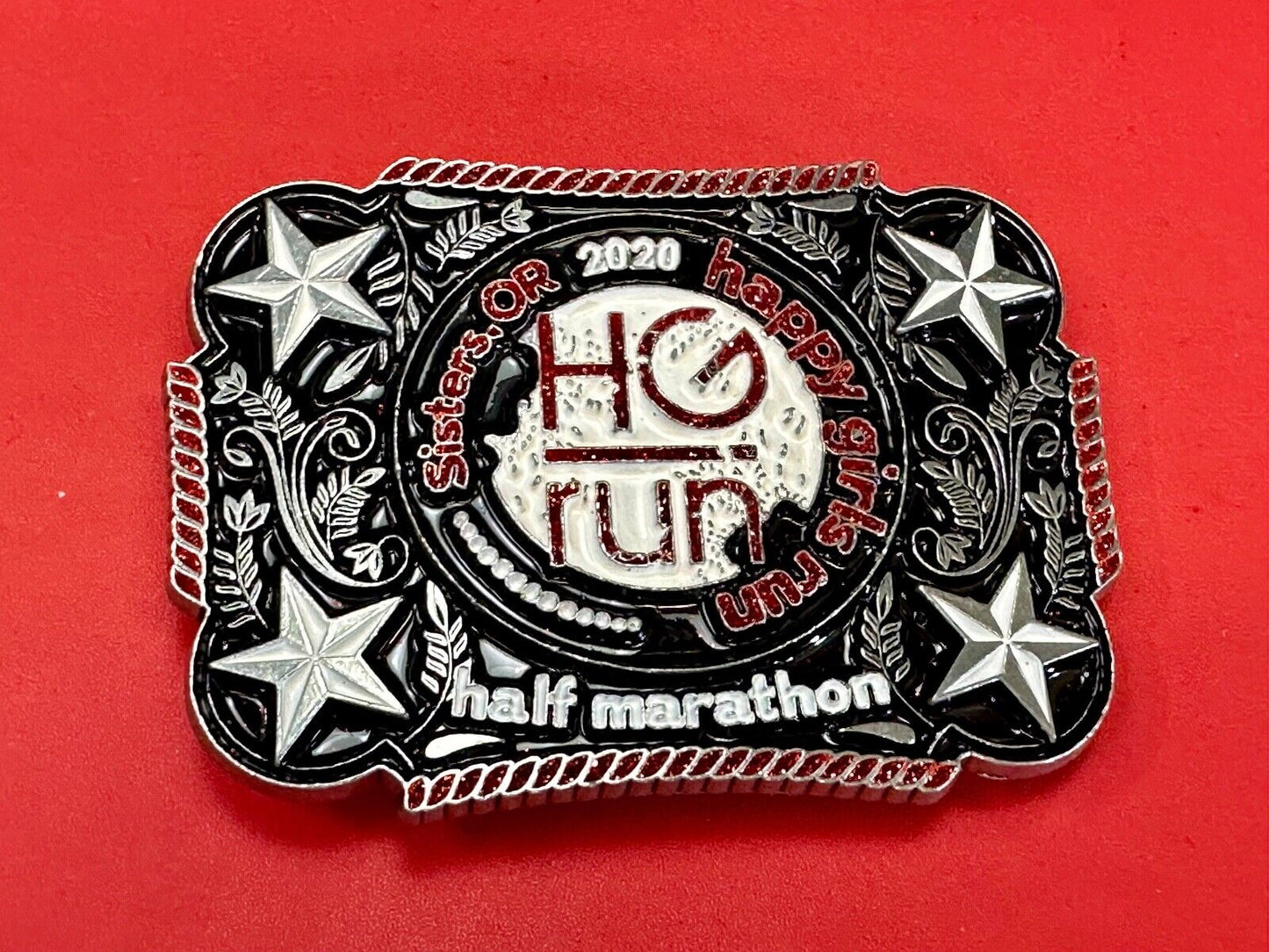 2020 Happy Girls Run HGR marathon silver tone stars in corner belt buckle