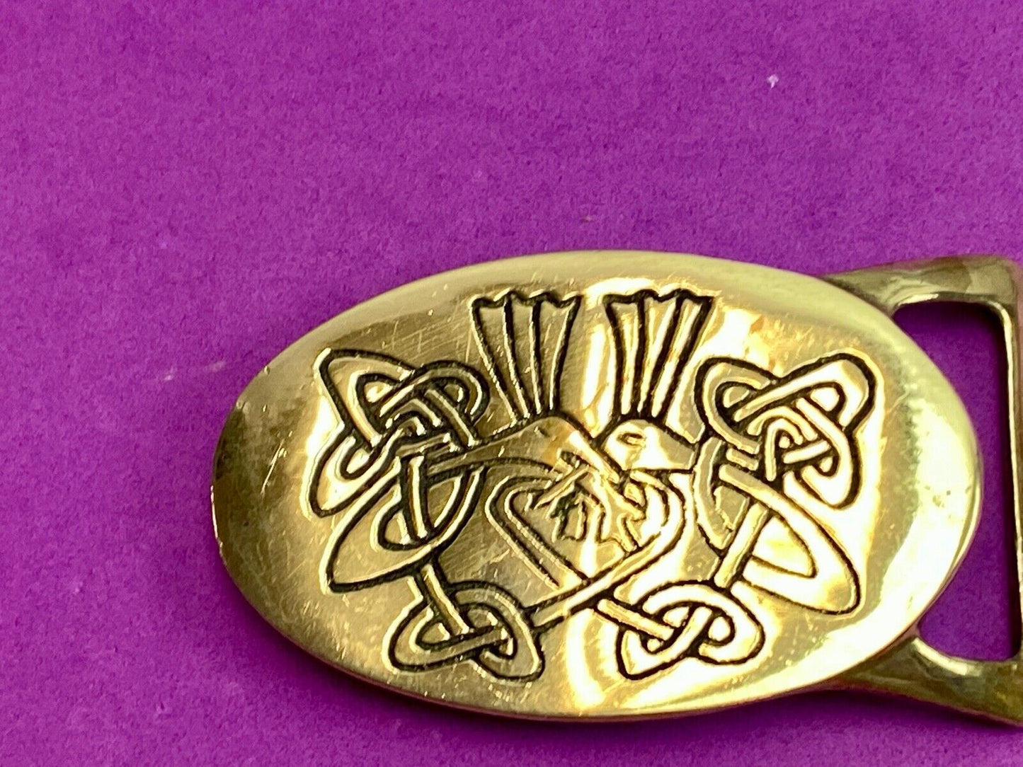 Vintage artisan solid brass belt buckle drawing of two doves Love birds