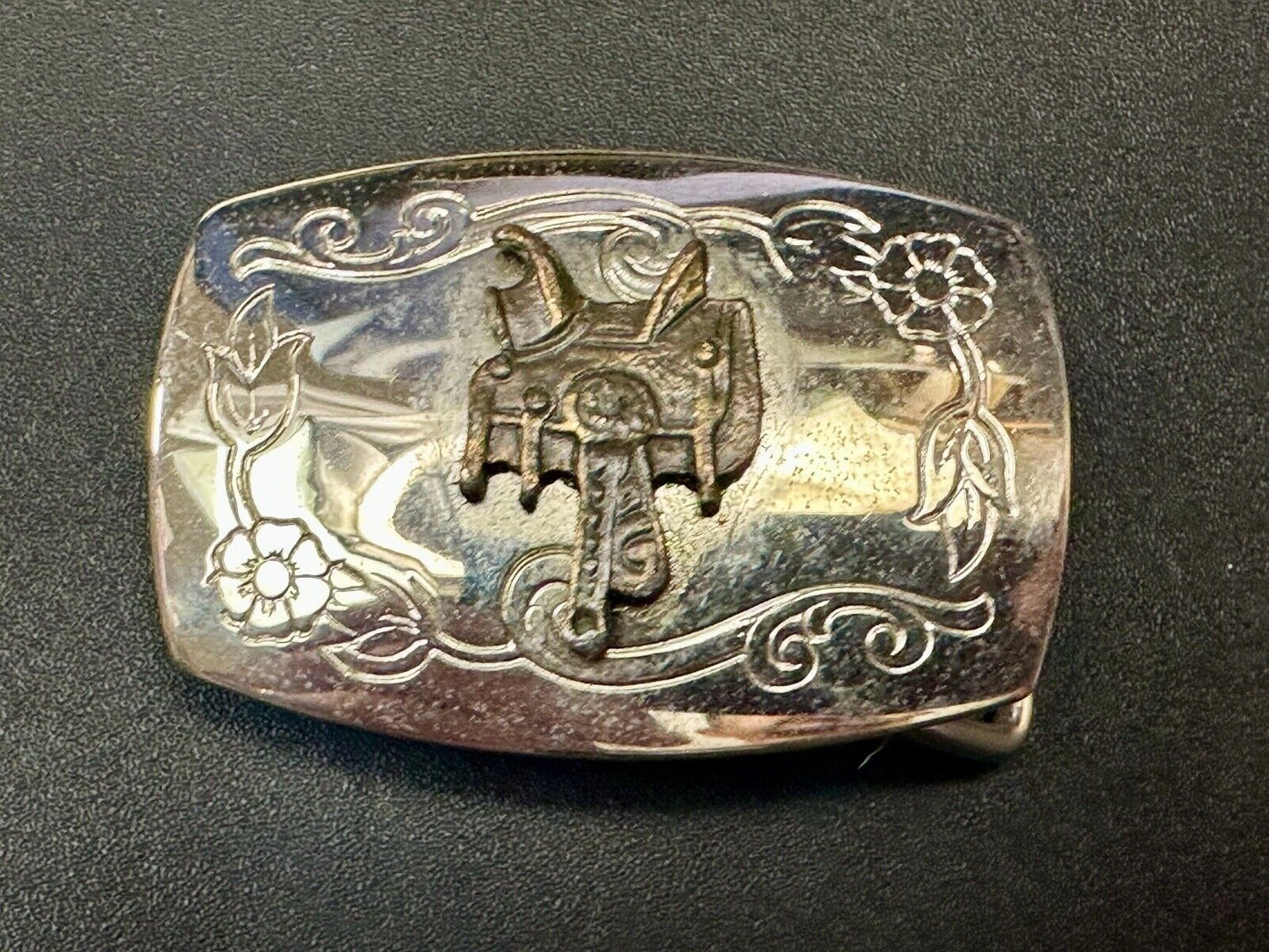 Vintage Cowboy Horse Saddle western two tone belt buckle