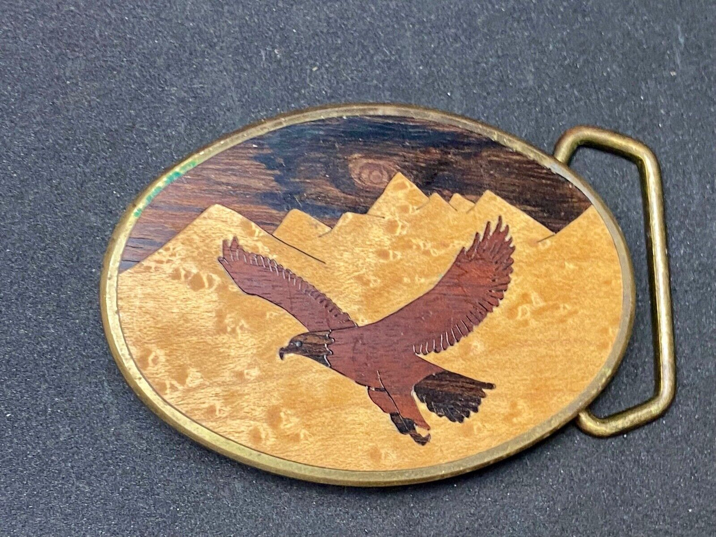 Vintage 1983 The great American Eagle mixed wood on solid brass BTS belt buckle