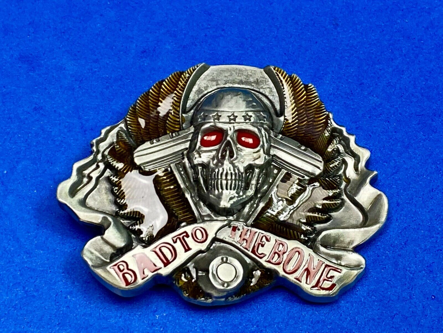 Bad to the bone - Red eyes Bikers Motorcycle Riders skull and wings belt buckle