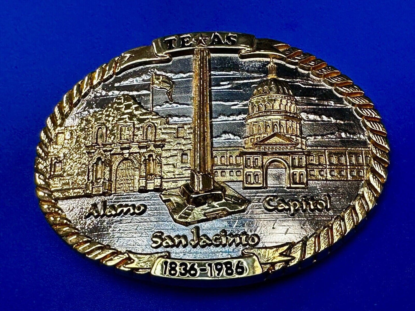 TEXAS SESQUICENTENNIAL ALAMO SAN JACINTO CAPITAL 1836-1986 TW Baker Belt Buckle
