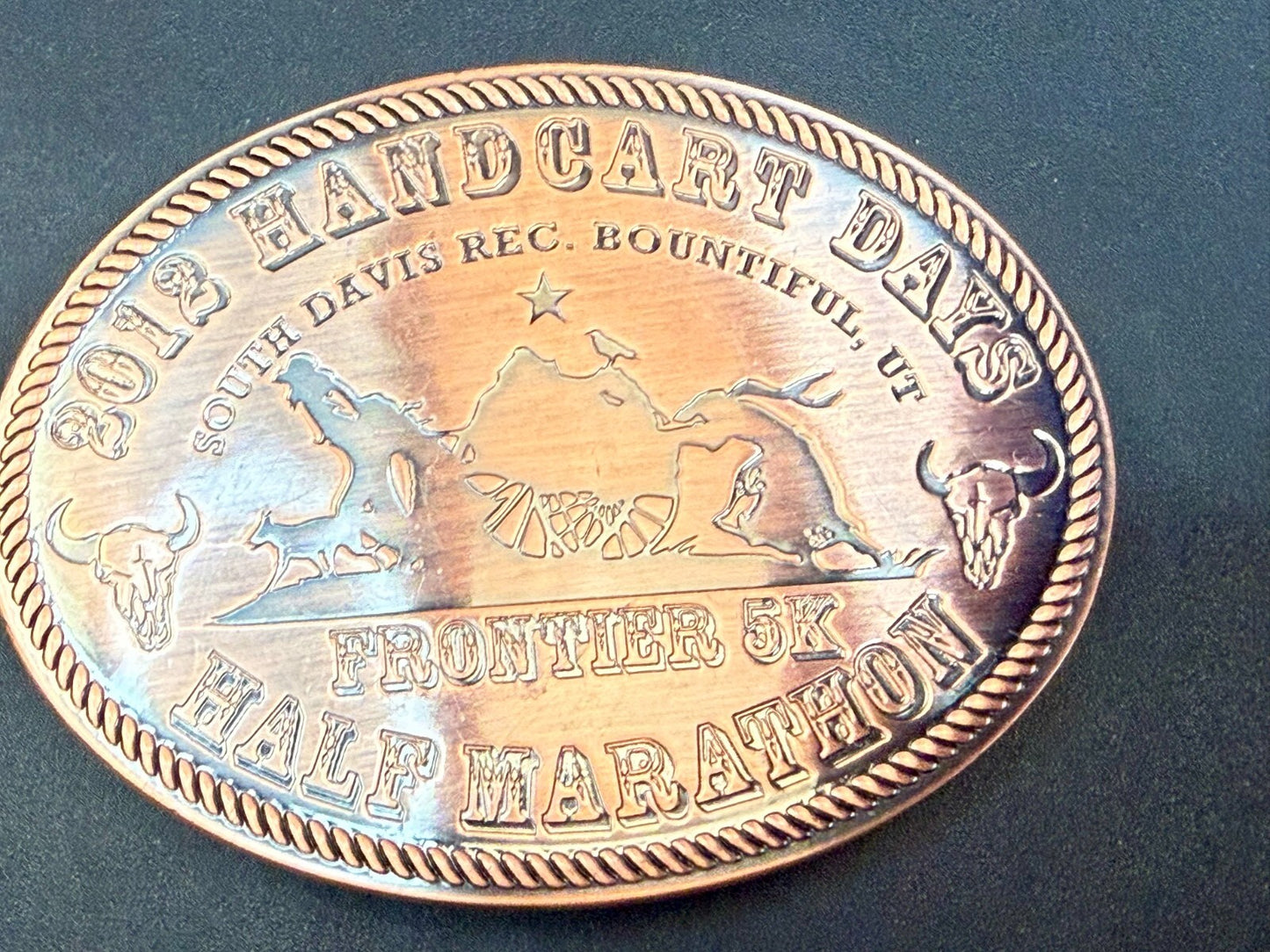 2012 Handcart Days Frontier 5K Half Marathon South Davis Utah Belt Buckle