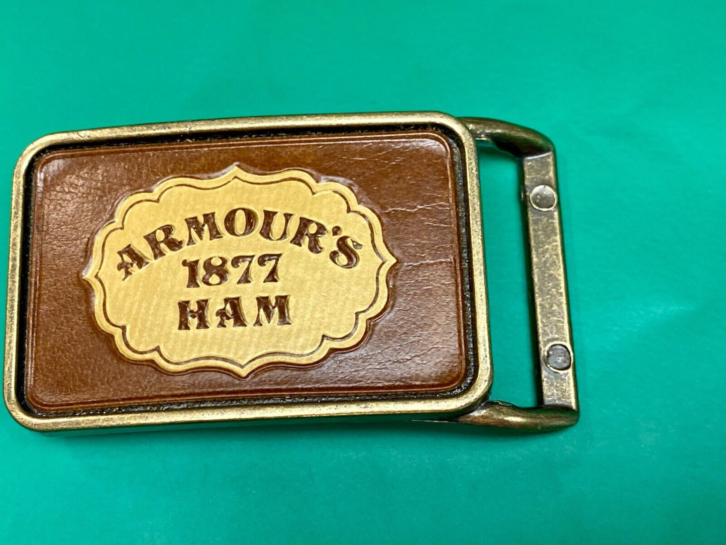 Vintage ARMOUR’S 1877 HAM leather and brass tone advertising belt buckle
