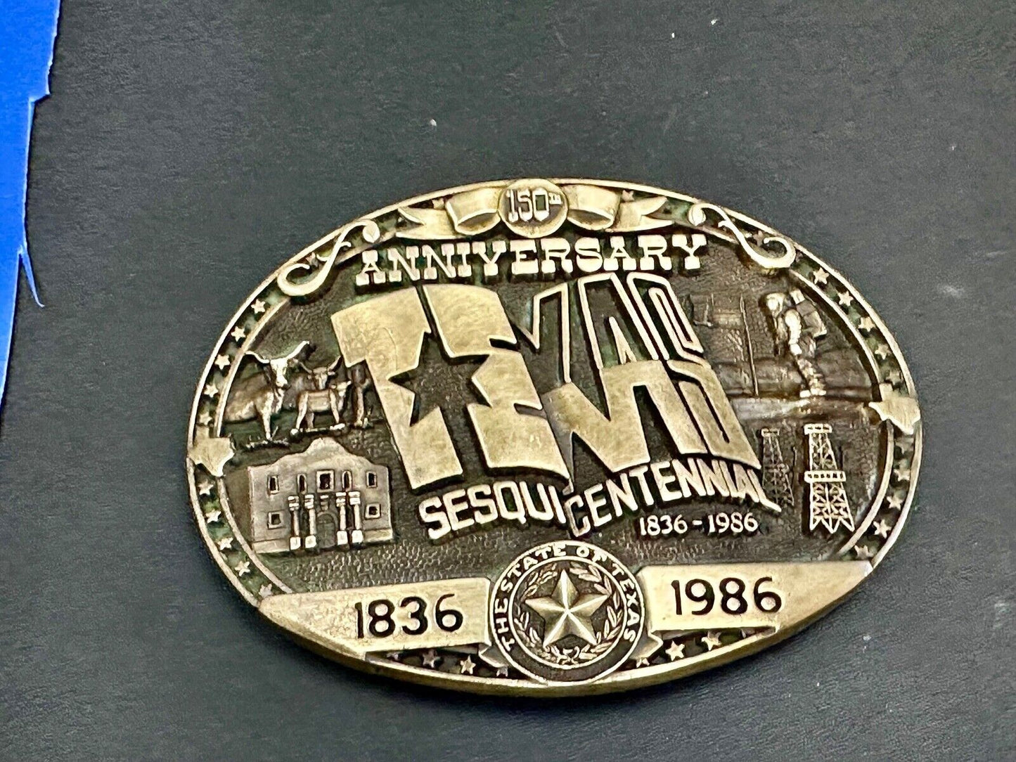 Texas Sesquicentennial 150 year celebration solid brass ADM belt buckle
