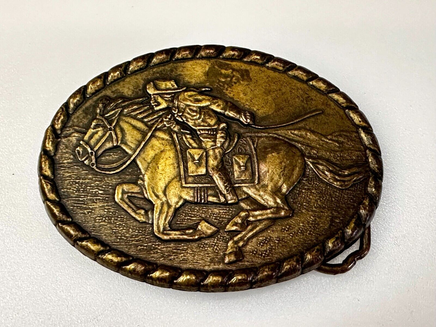 Vintage 1981 Pony Express Rider Mervyn's Commemorative Brass Tone Belt Buckle