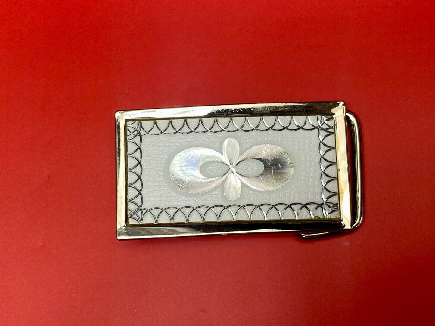 Vintage Etched silver tone rectangular belt buckle