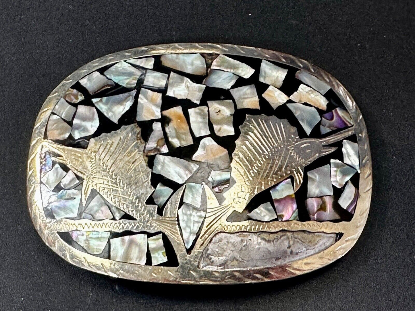 Swordfish with Abalone Shell Inlaid Western Belt Buckle - missing shell to repar