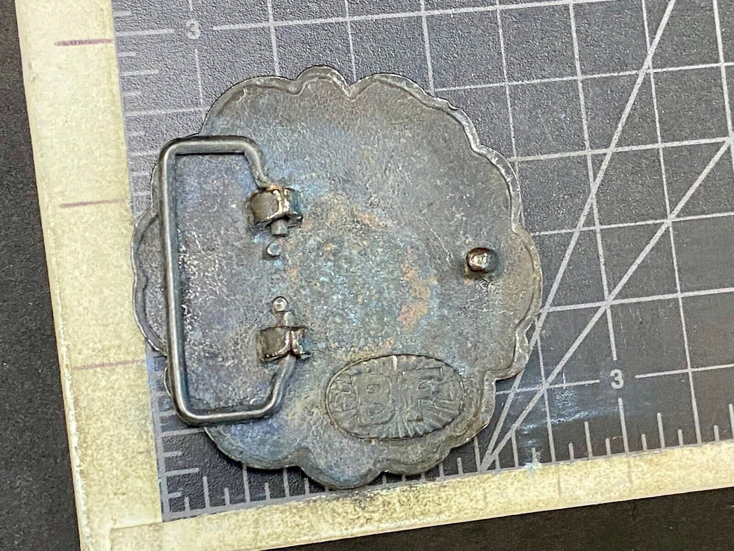 Vintage Antique? Black Flower belt buckle marked BF. - missing stones