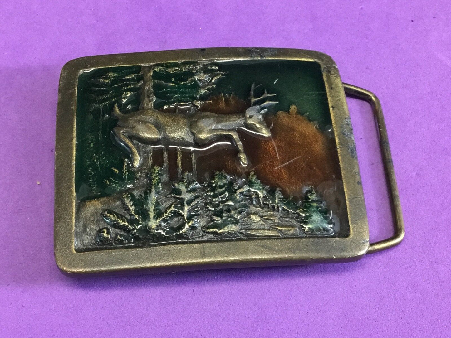 Vintage 1977 painted deer belt buckle - Indiana metal craft