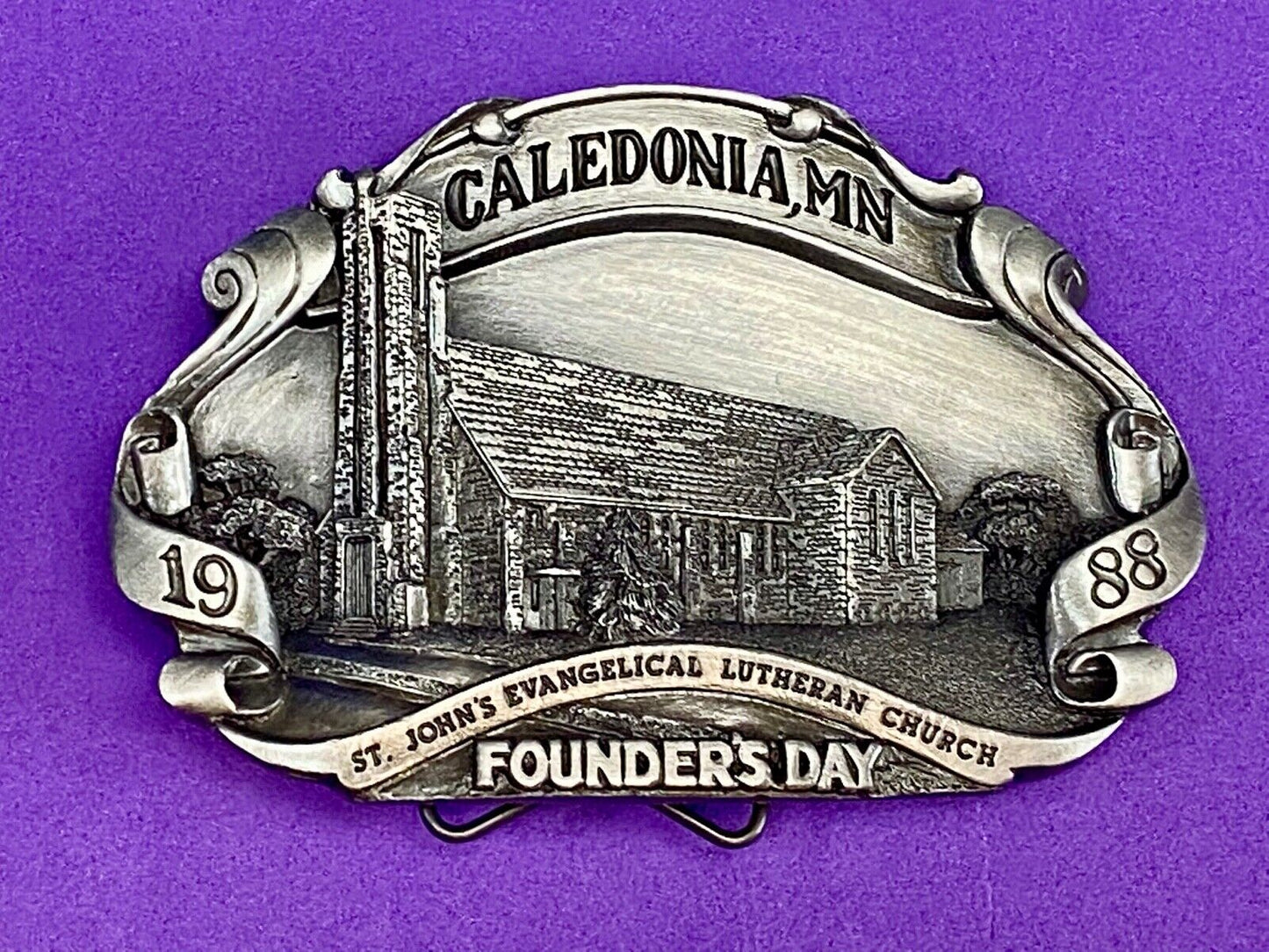 Vintage 1988 - Founder’s Days Caledonia MN belt buckle St Johns Lutheran Church