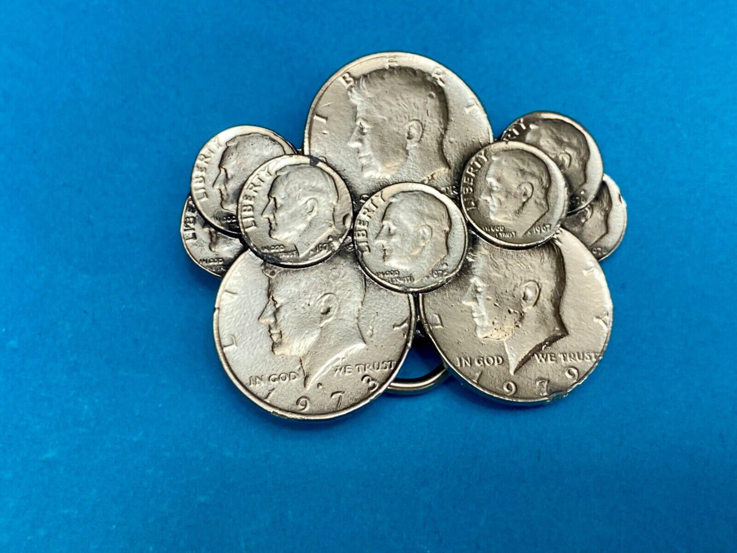 Vintage Coin Collectors Cluster figural 1979 Liberty JFK dimes belt buckle