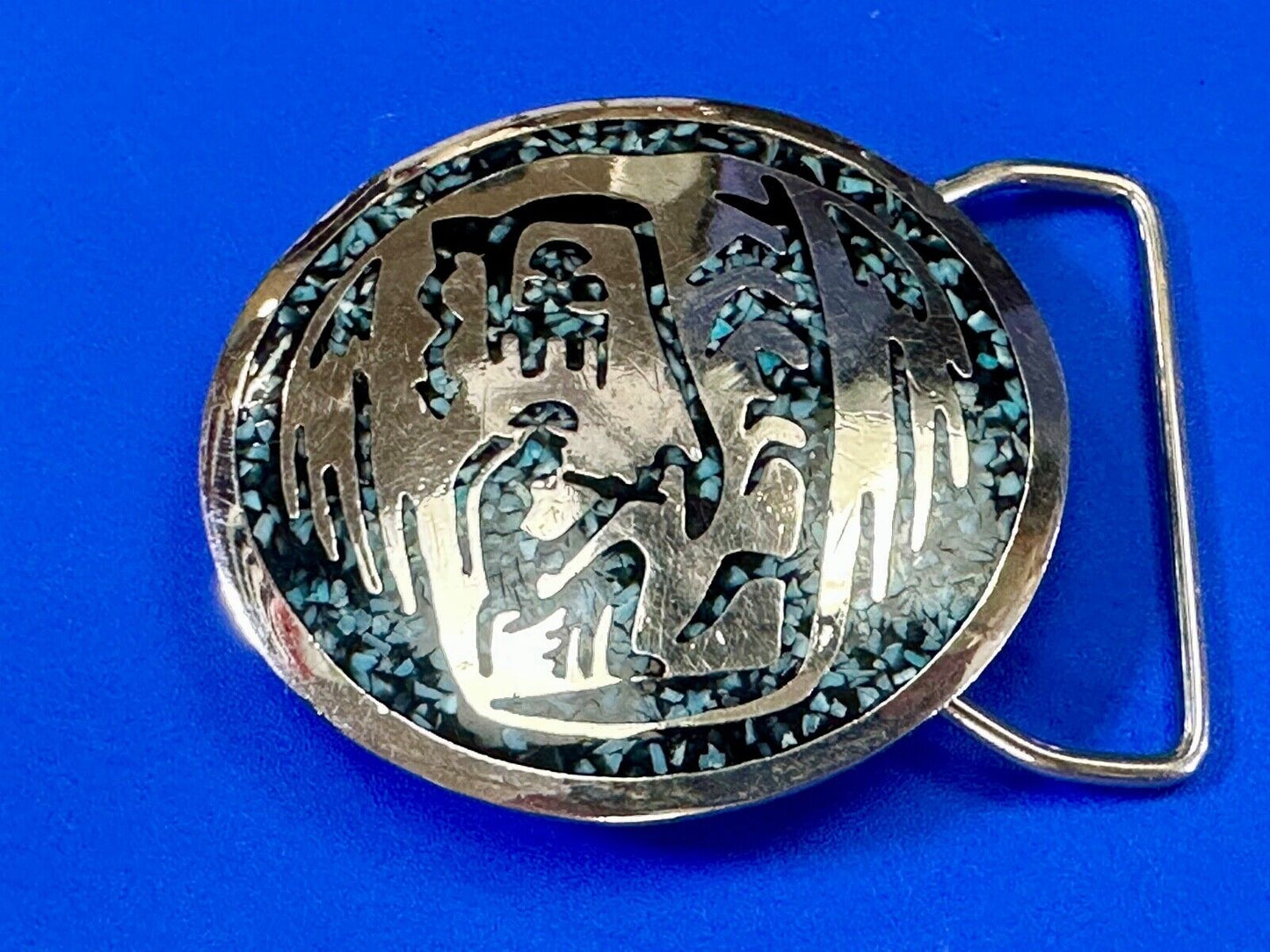 Artisan Inlaid Turquoise chip Beautiful Art pc. Vintage belt buckle marked 1980
