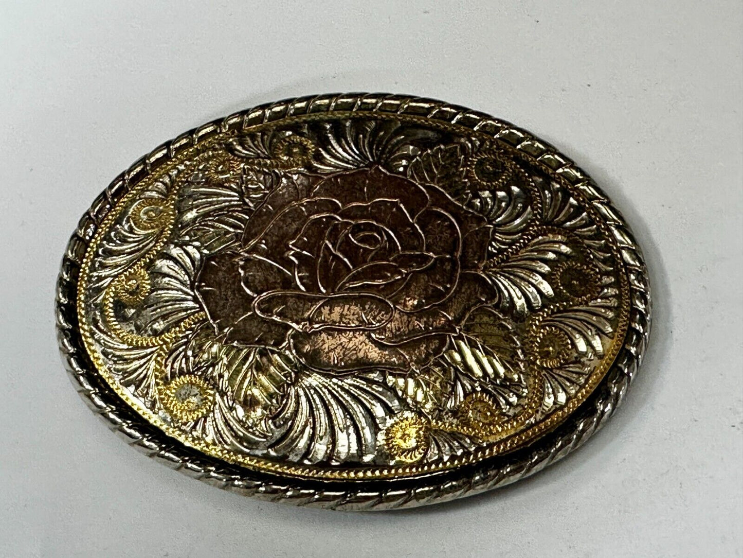 Beautiful Rose Flower Swirl Etched Design Mixed Metal Belt Buckle by W