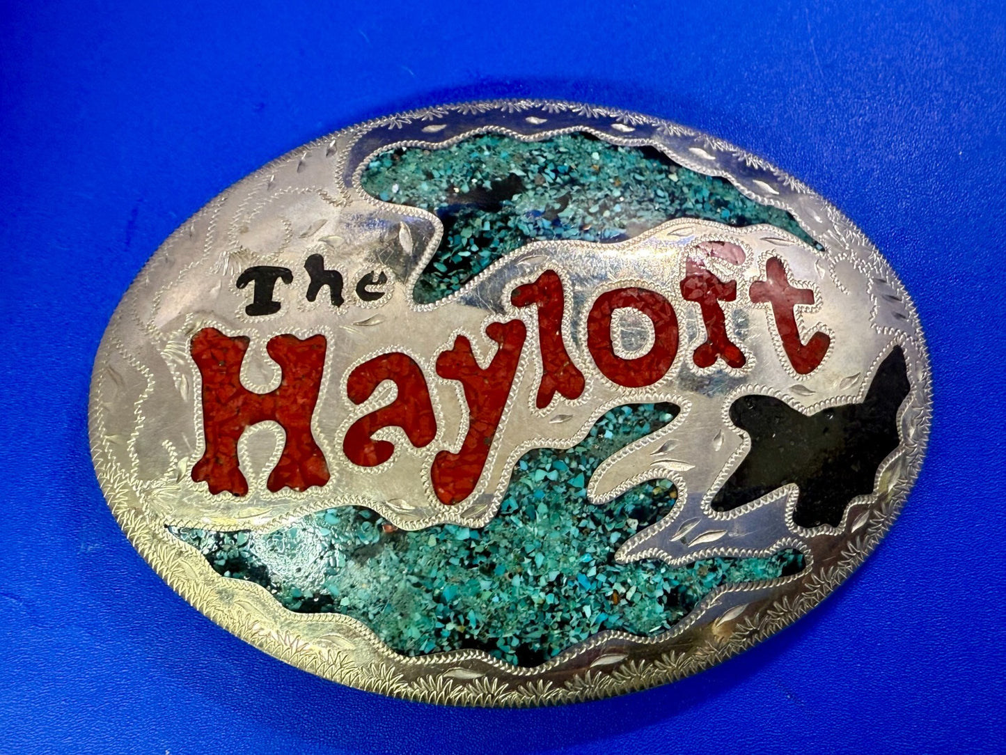 The Hayloft Large Turquoise Inlaid Champion's Choice Silver Belt Buckle CCS&S