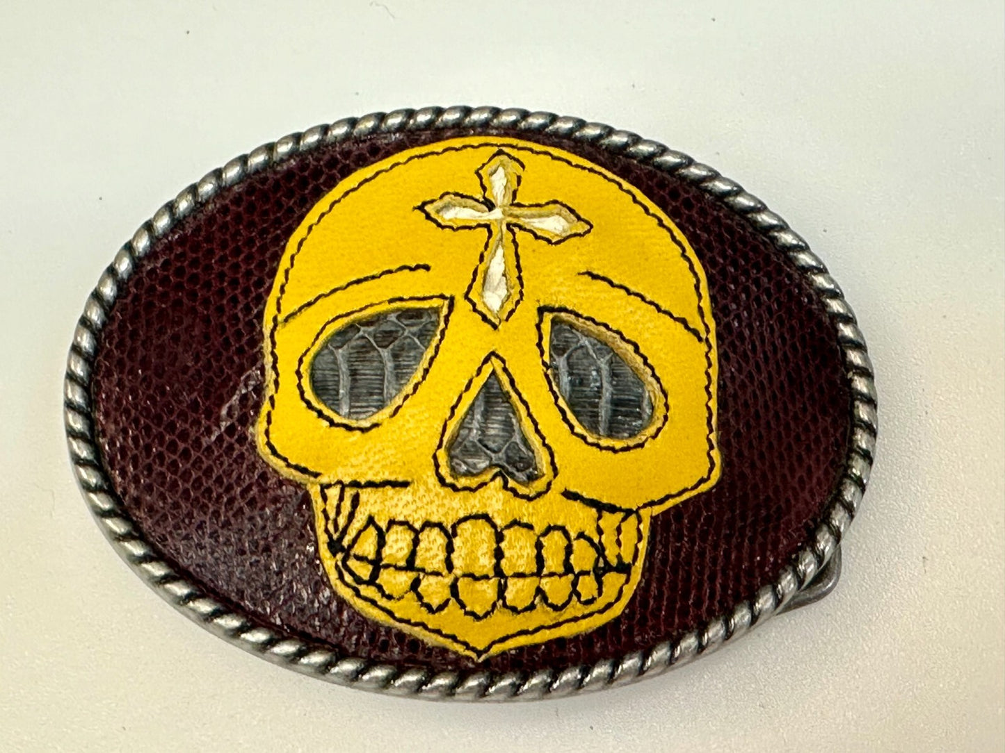 Aztec Skull Head Cross Leather Mexican Mexico Day Of The Dead Ivan Belt Buckle