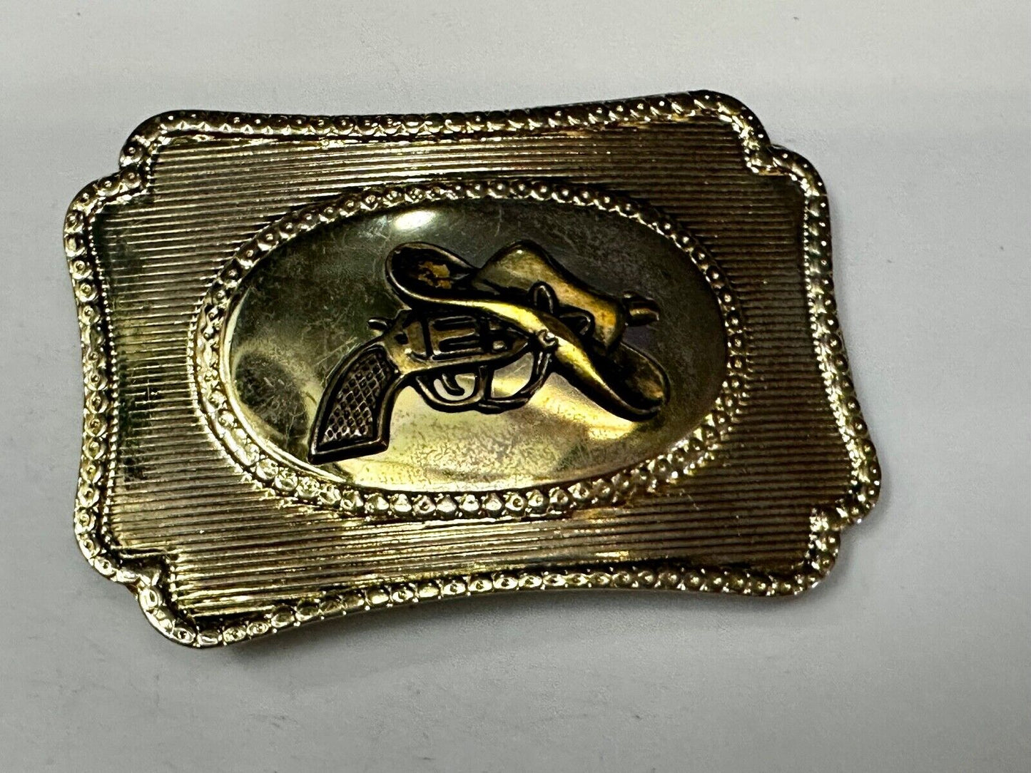 Vintage Cowboy Hat & Revolver Pistol Western Belt Buckle 6 Shooter Gun Buckle