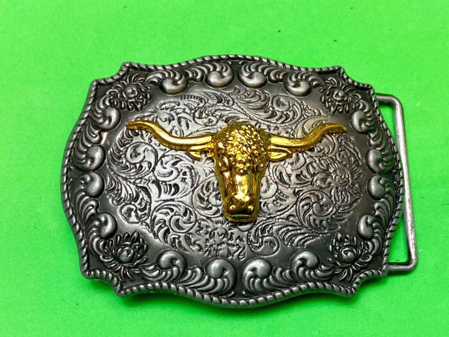 Texas longhorn western raised steer cow two tone 3.5" wide belt buckle