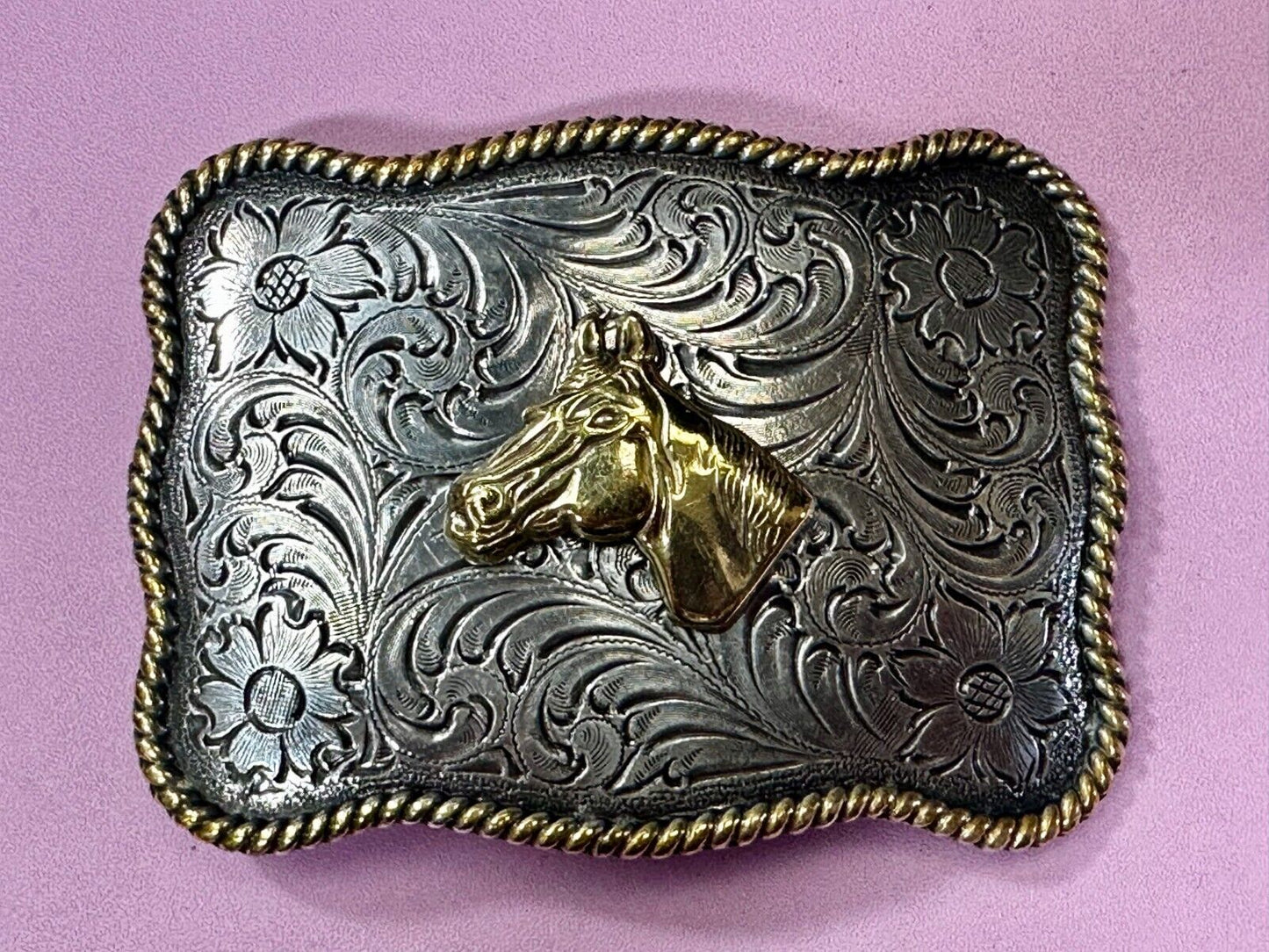Beautiful Horse Head Centered Flower Swirl Two Tone Western Cowboy Belt Buckle