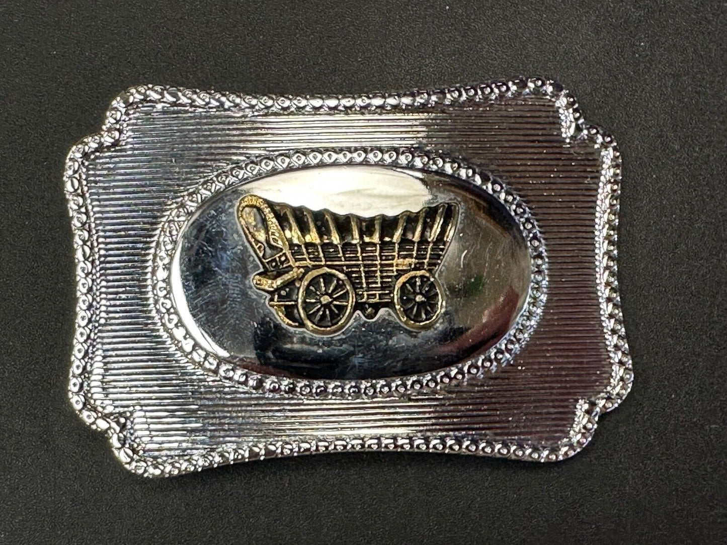 Vintage Horse Drawn Covered wagon on western two tone belt buckle