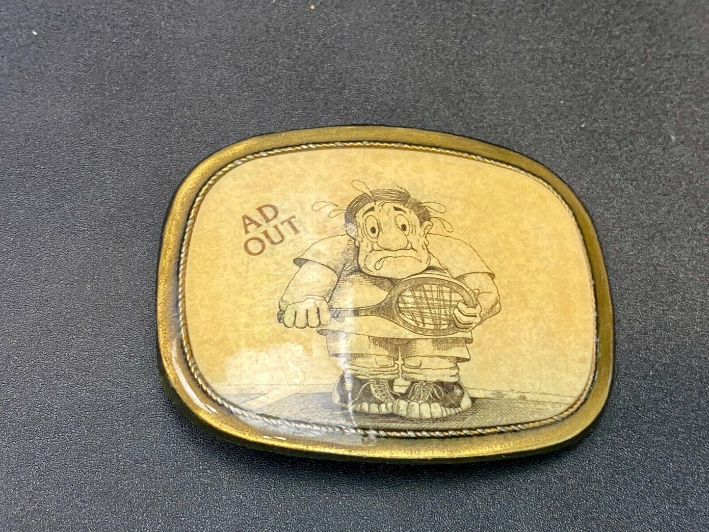 Tennis Game Novelty 70'S Cartoon Figure "Ad Out" Rounded Corner Belt Buckle