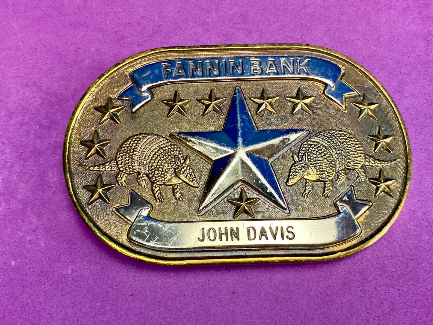 Texas Fannin Bankn The Lone Star State And Armadillo Promo Belt Buckle By Sac