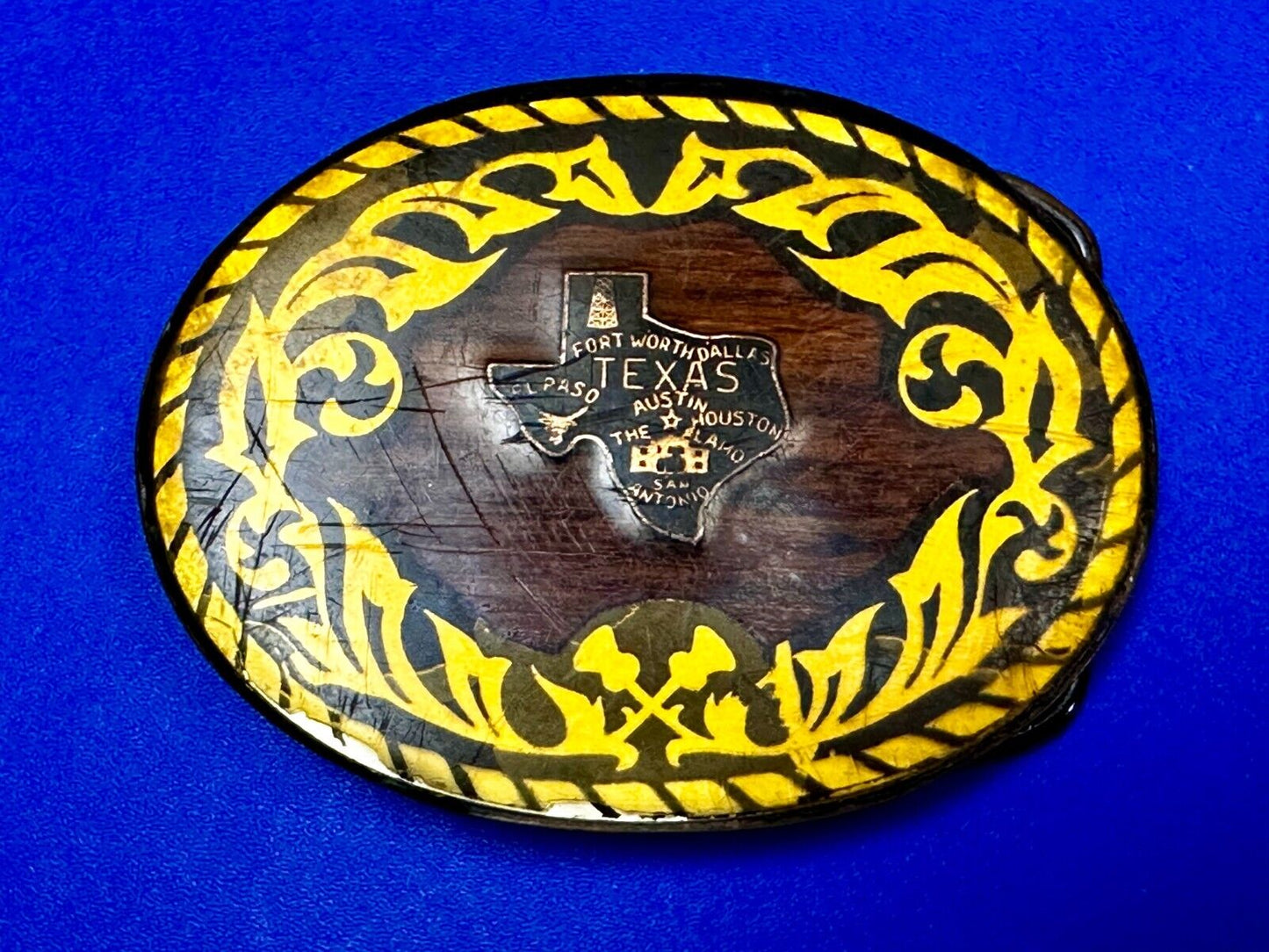 Texas Cutout State Shaped Center On Wooden Vintage Belt Buckle By Harmony Medals