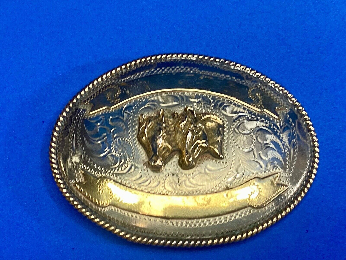 Vintage 4" Three Horse Head's On Alpaca Mexico Belt Buckle Blank Trophy Scroll