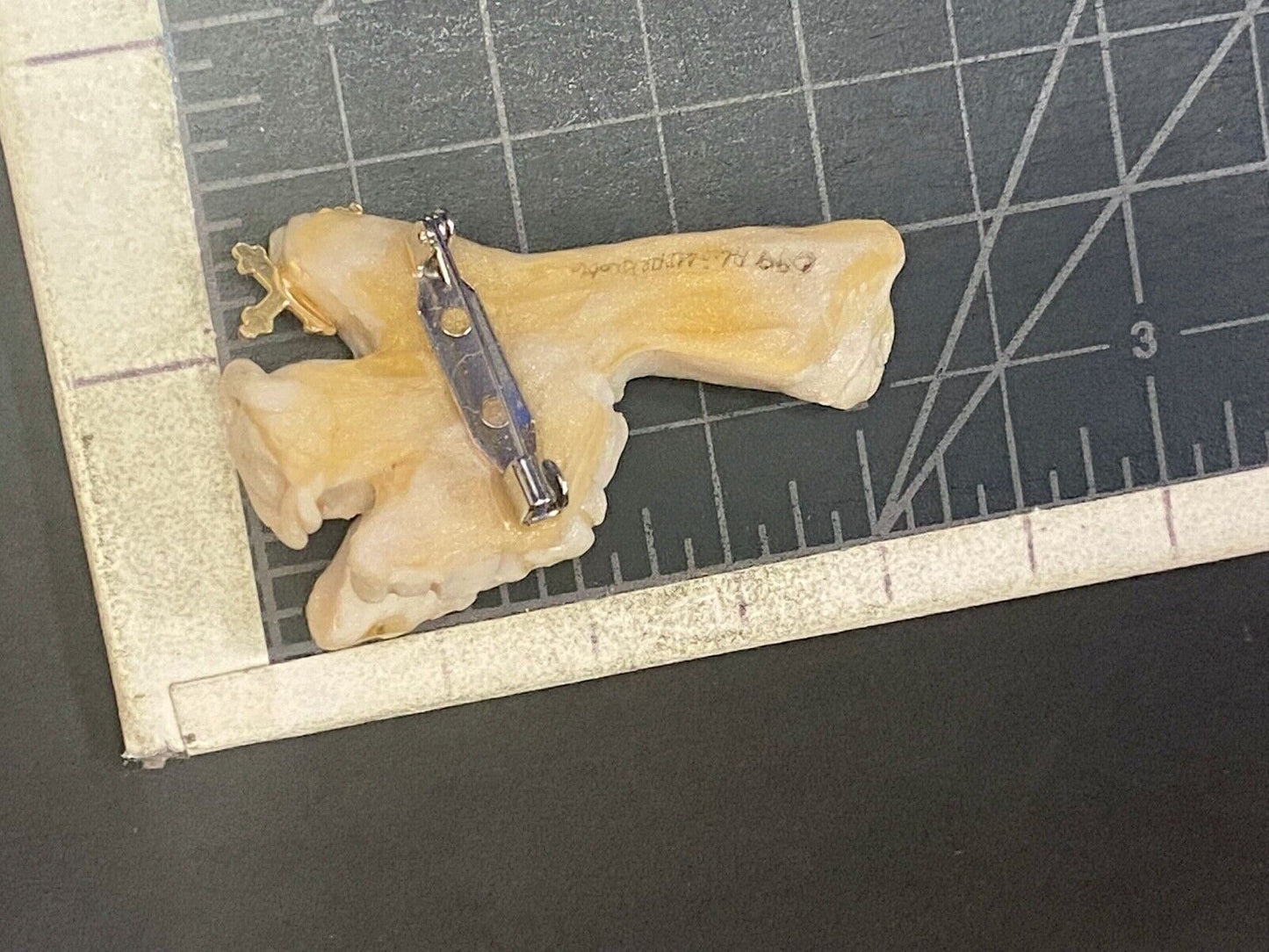 Vintage Artisan Angel & Cross Brooch Pin Hand Carved Gold Tone Crucifix Signed