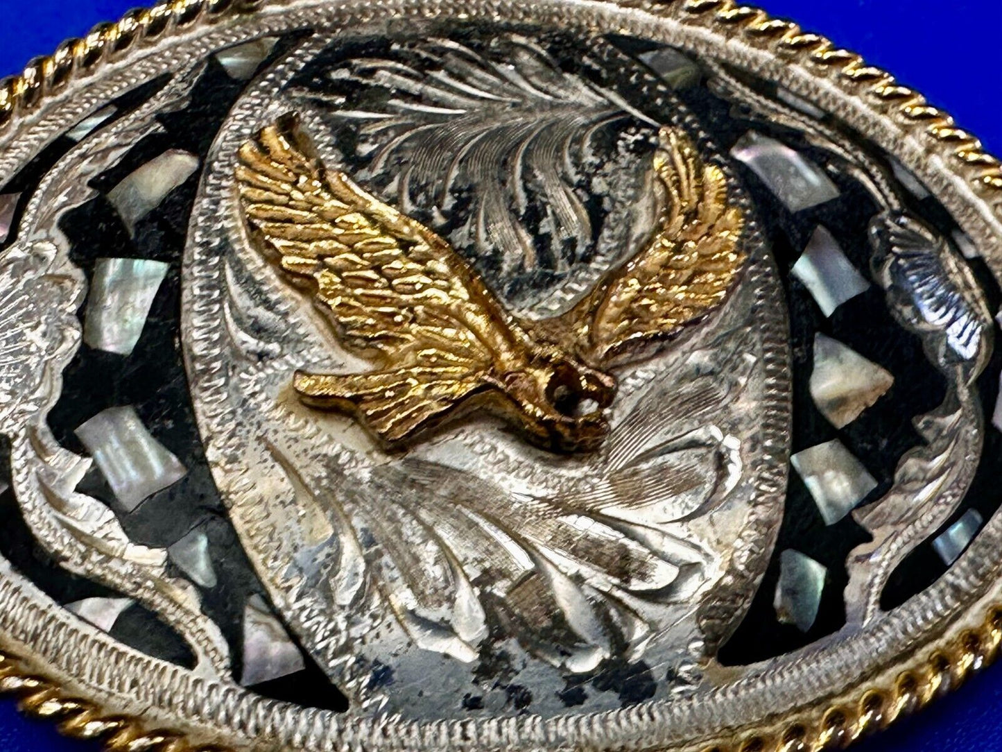 American Flying Hunting Eagle Abalone Shell Chunks Alpaca Mexico Belt Buckle