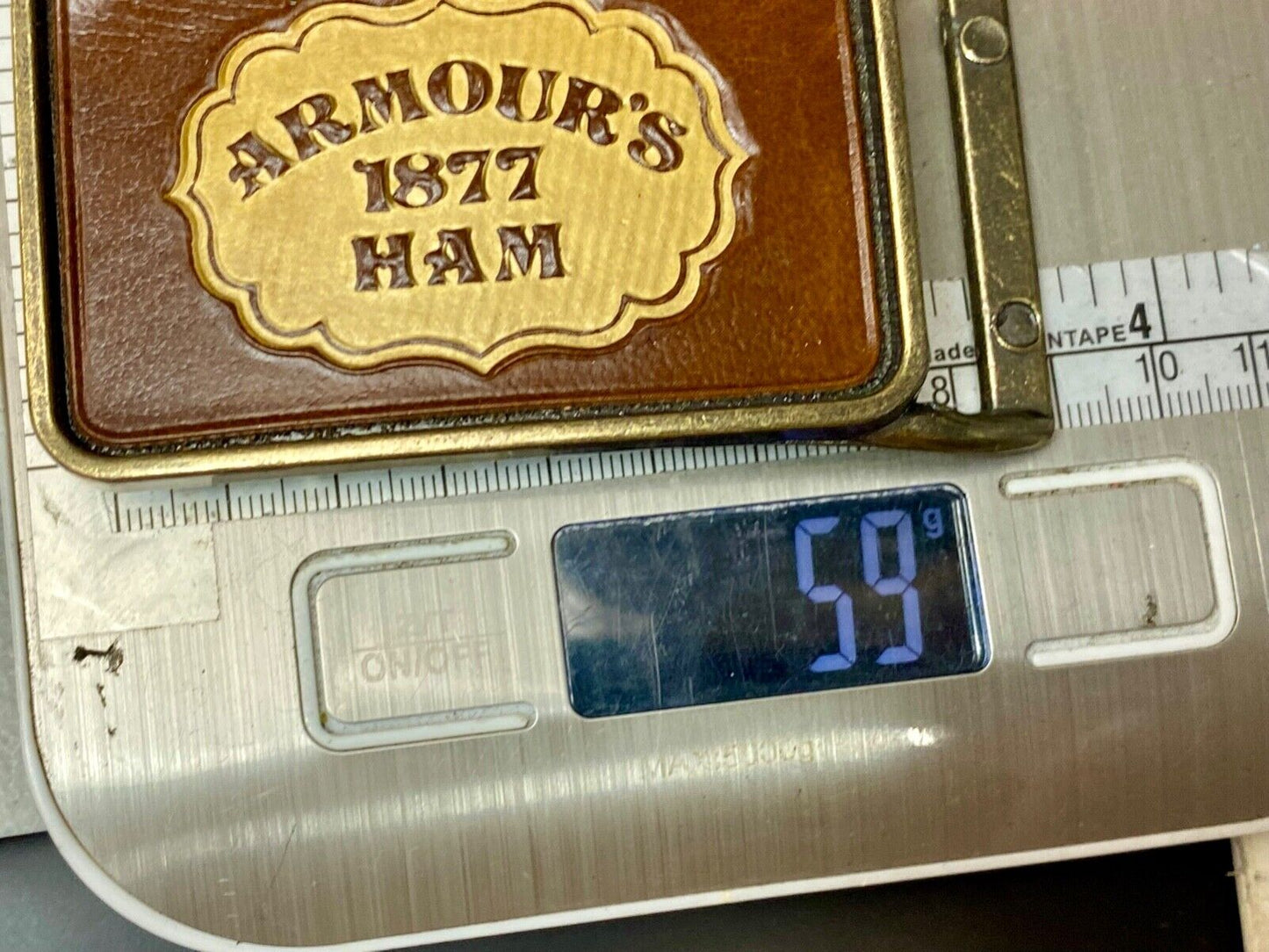 Vintage ARMOUR’S 1877 HAM leather and brass tone advertising belt buckle