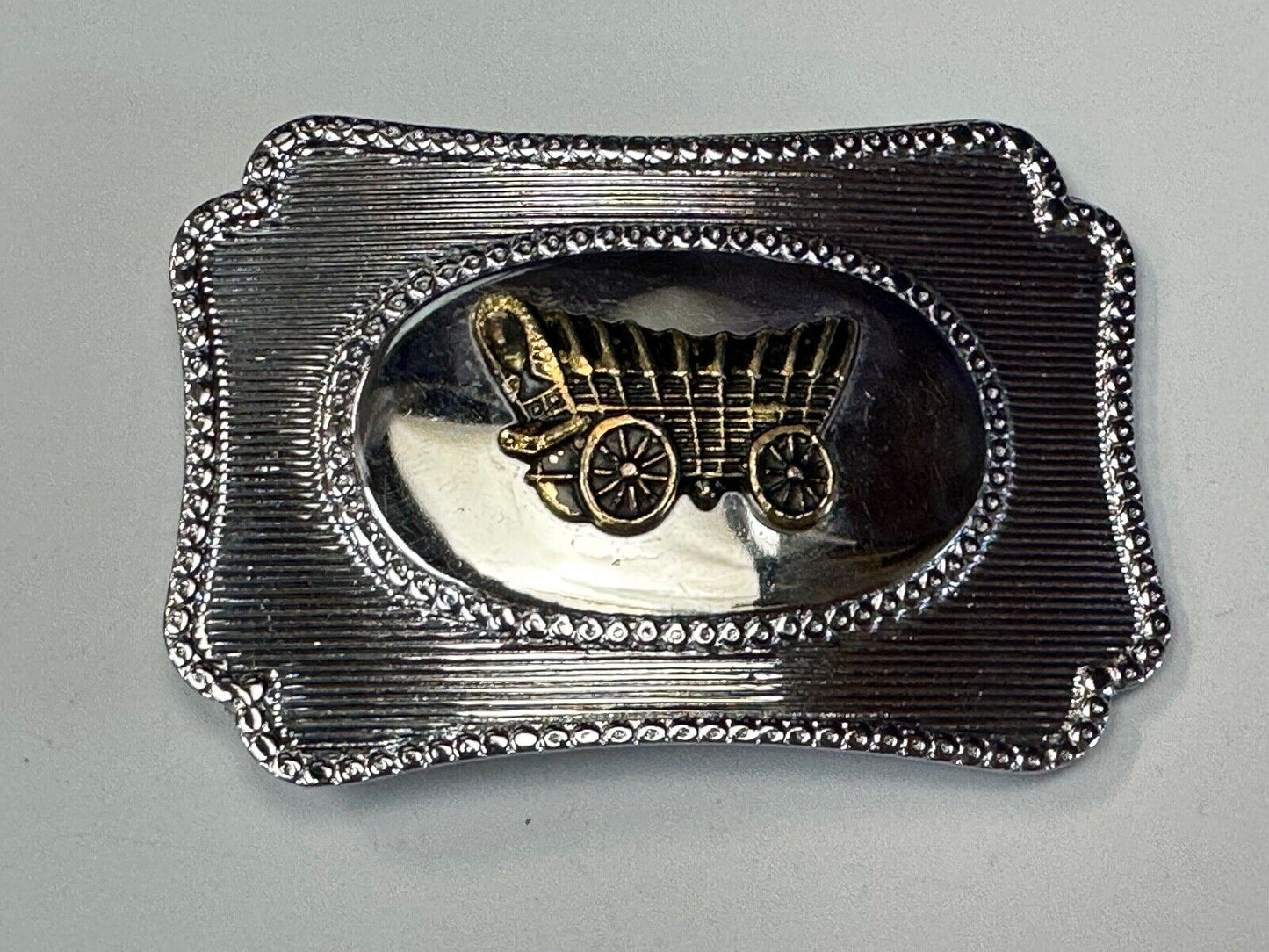 Vintage Horse Drawn Covered wagon on western two tone belt buckle