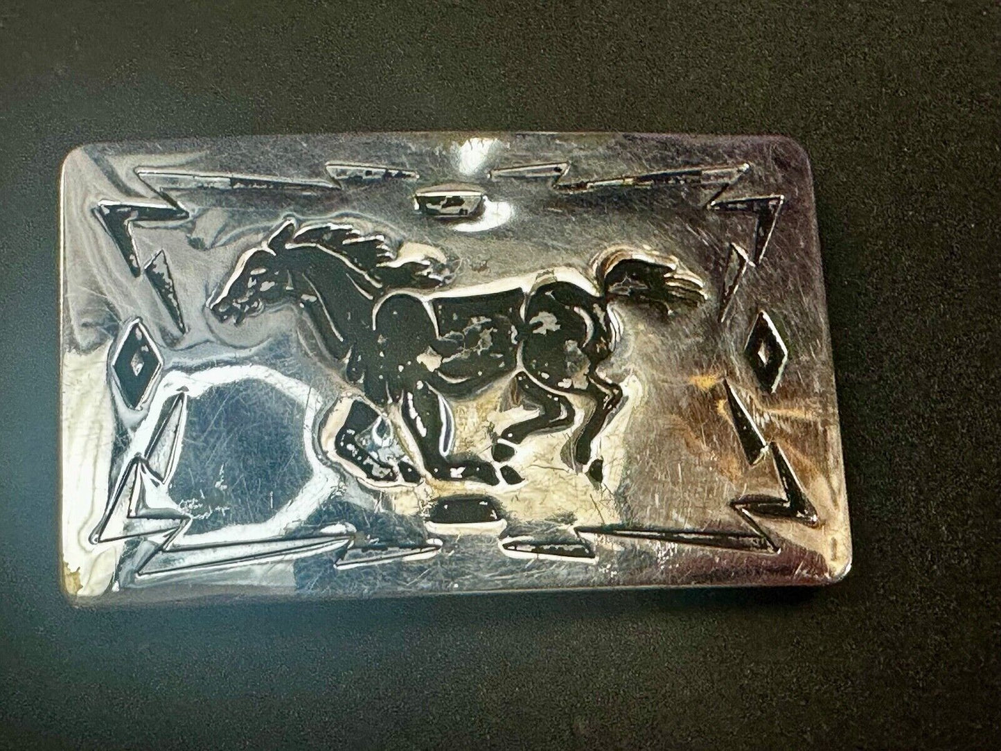 Vintage Chambers Horse Running Mustang nickel silver USA made Belt Buckle
