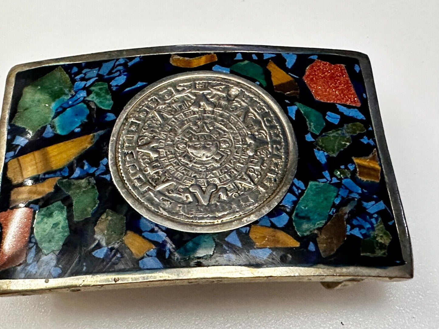 Aztec Mayan Calendar Sun God Face Turquoise Multi Stone Chip Inlay Belt Buckle