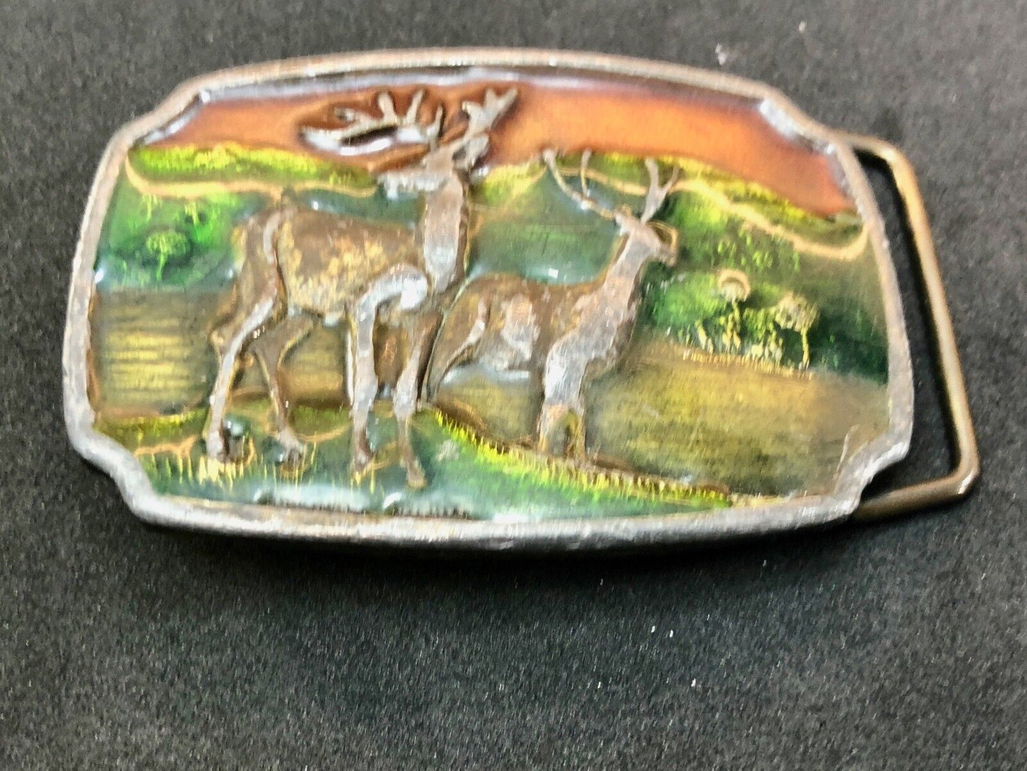 Vintage A16 Belt Buckle by Koleaco, two deer in nature scene, mountains