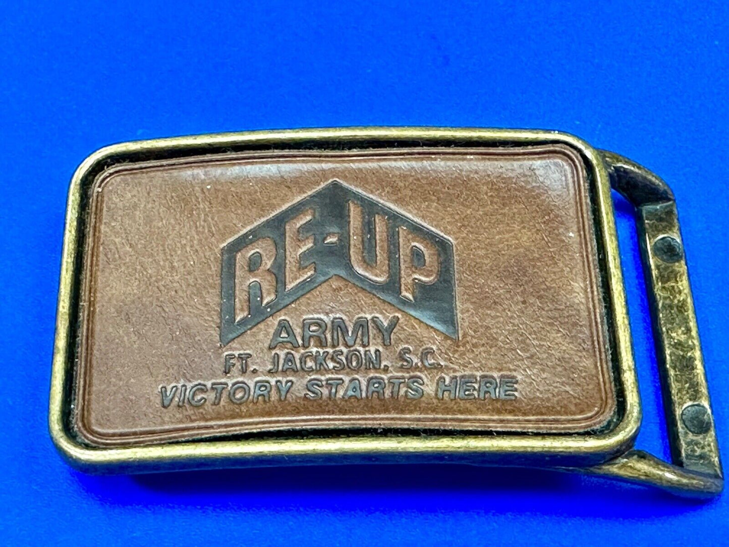 Army Re-up Ft Jackson SC Victory starts here leather & brass tone belt buckle