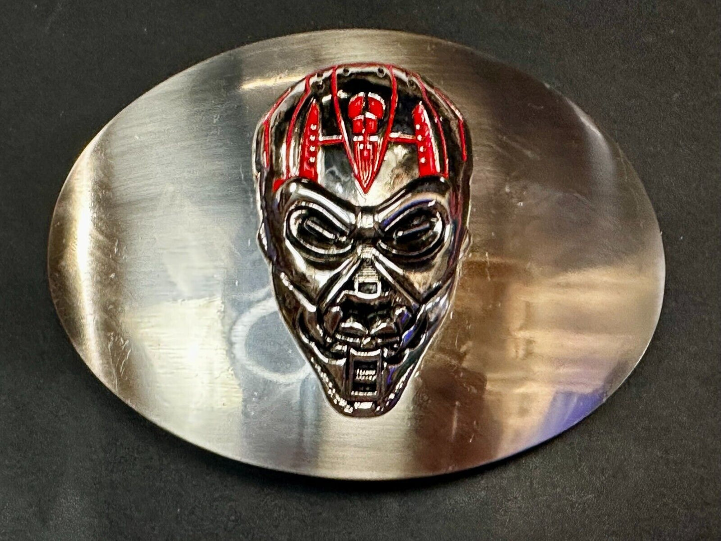 Terminator Skull Head Gothic Vibe Silver Tone Biker HUGE oval Belt Buckle