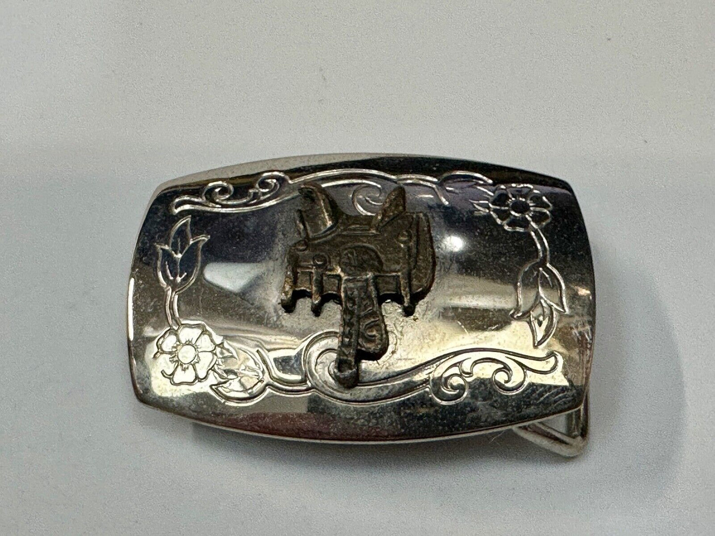 Vintage Cowboy Horse Saddle western two tone belt buckle