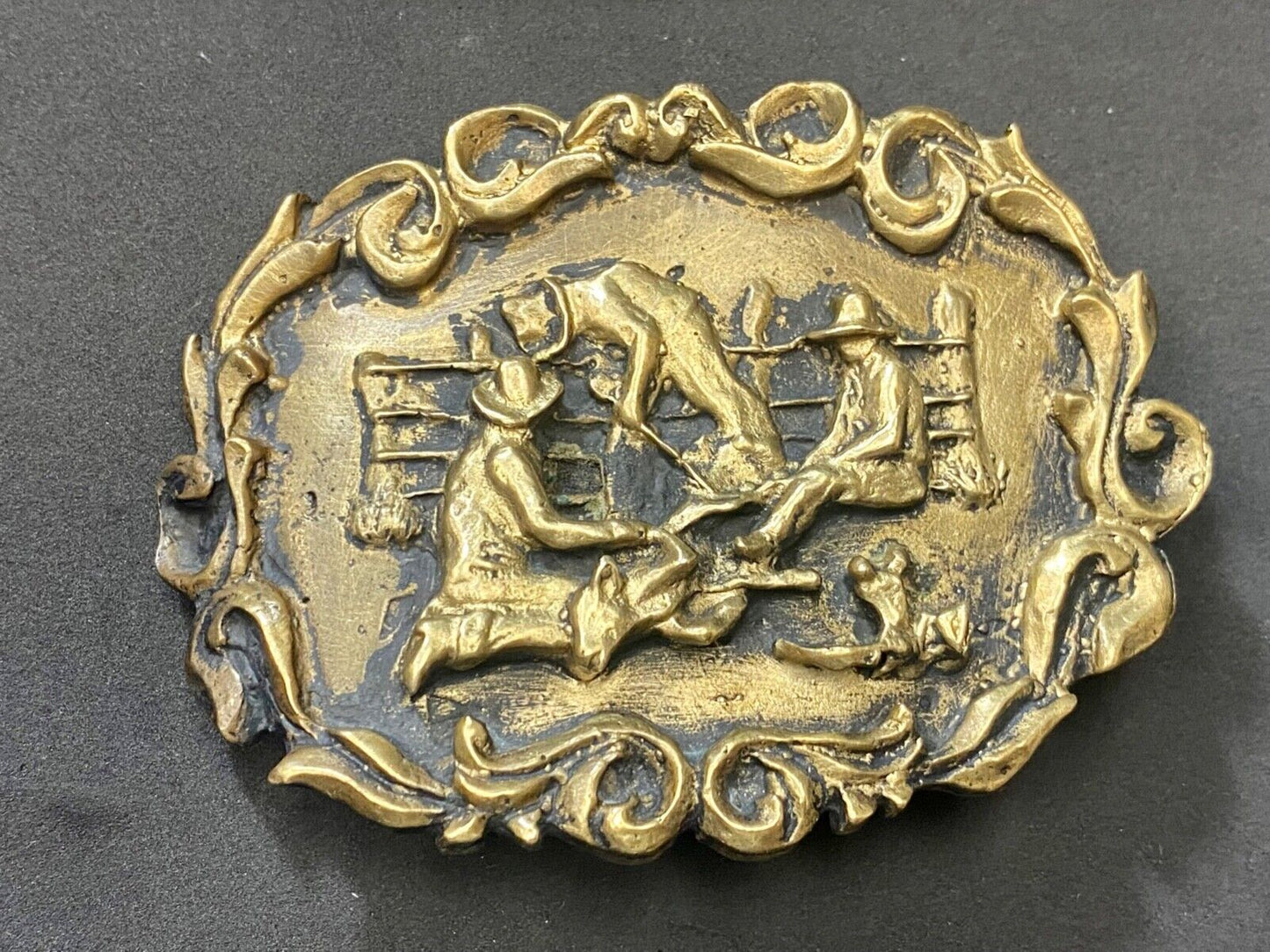 Three Cowboys Roping calf on the farm SOLID BRASS western belt buckle