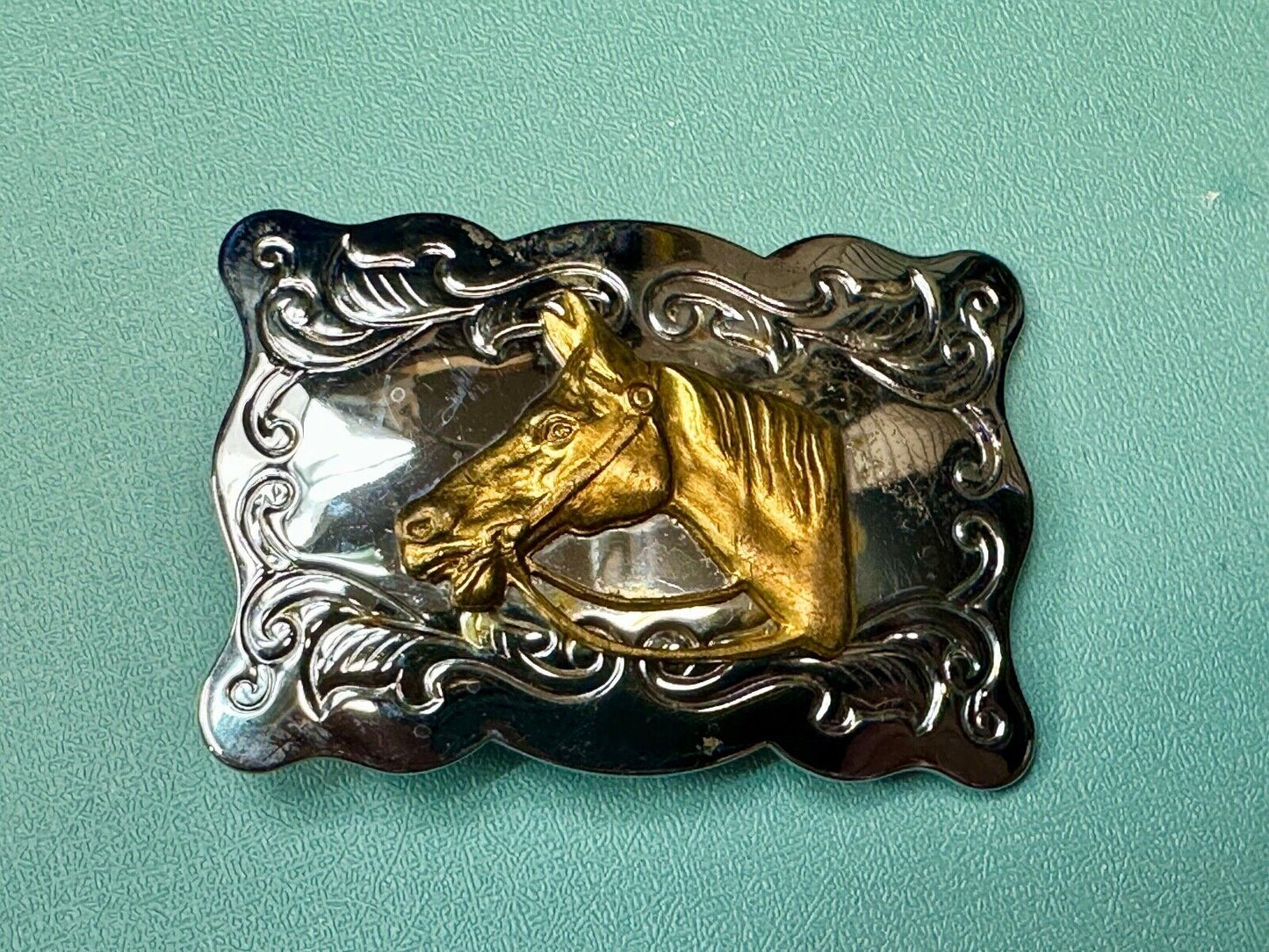 Vintage Chambers Horse head - two tone stamped rectangular belt buckle