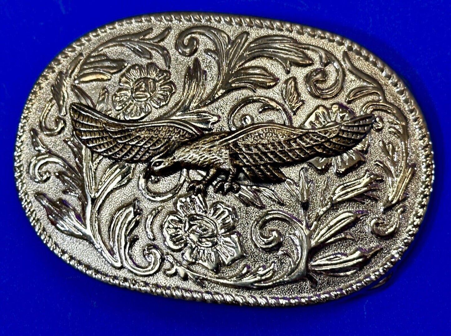 The Eagle Flying with Wings Wide Vintage two tone flower swirl belt buckle