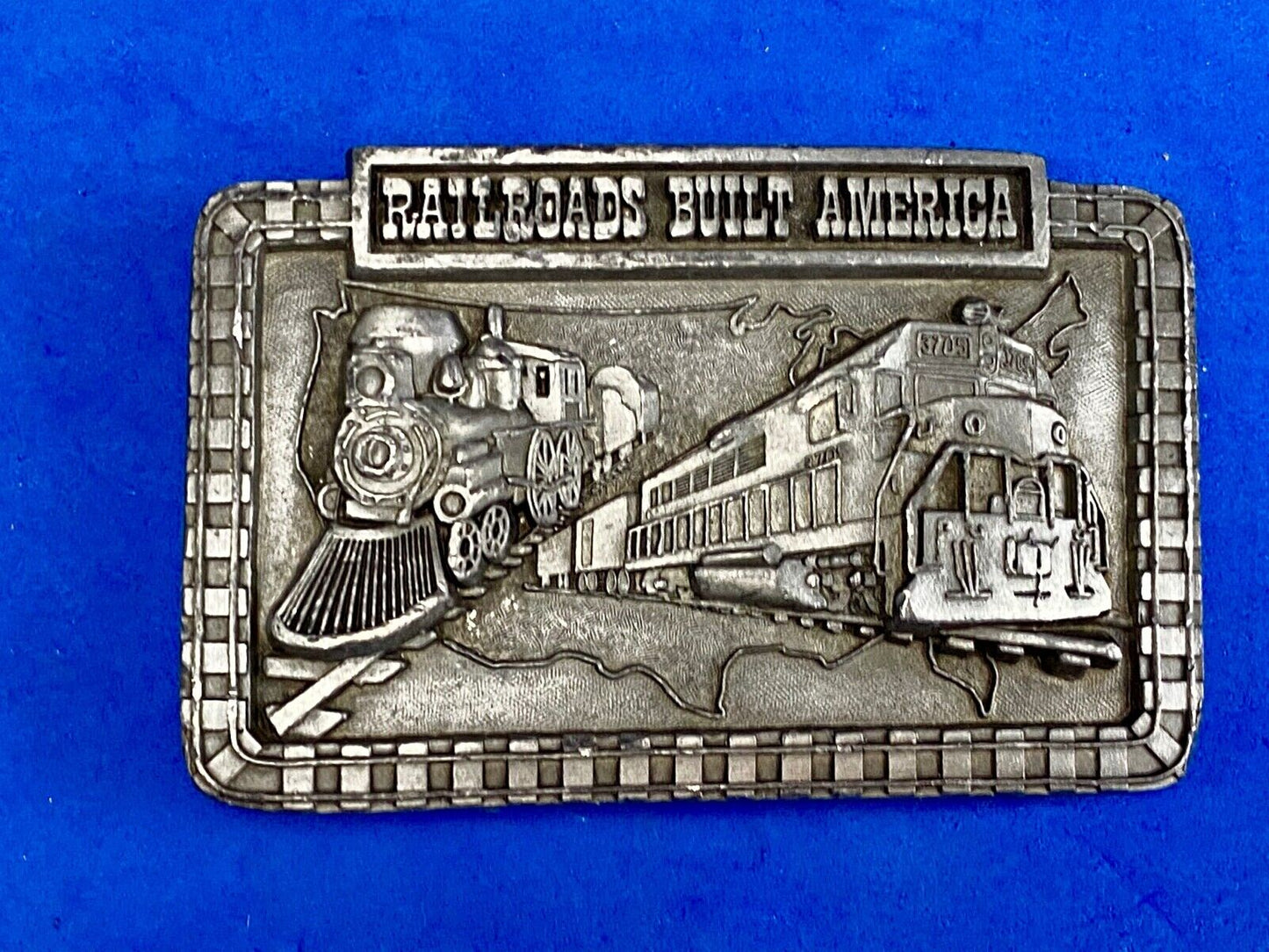 Vintage 1987 Railroads Built America Belt Buckle, RR Train Steam Engine