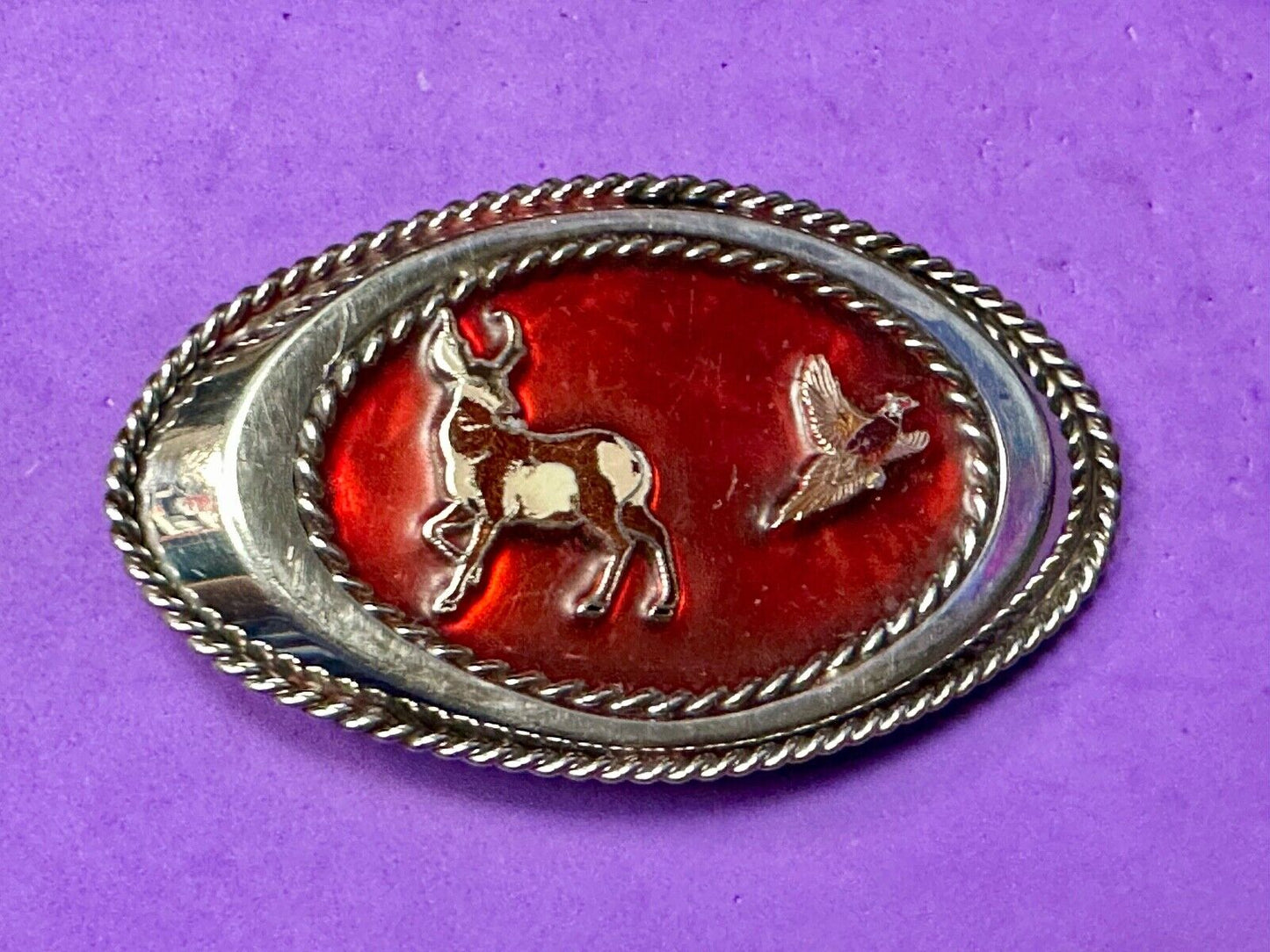 Vintage Artisan Hunters Deer and Quail oval western belt buckle