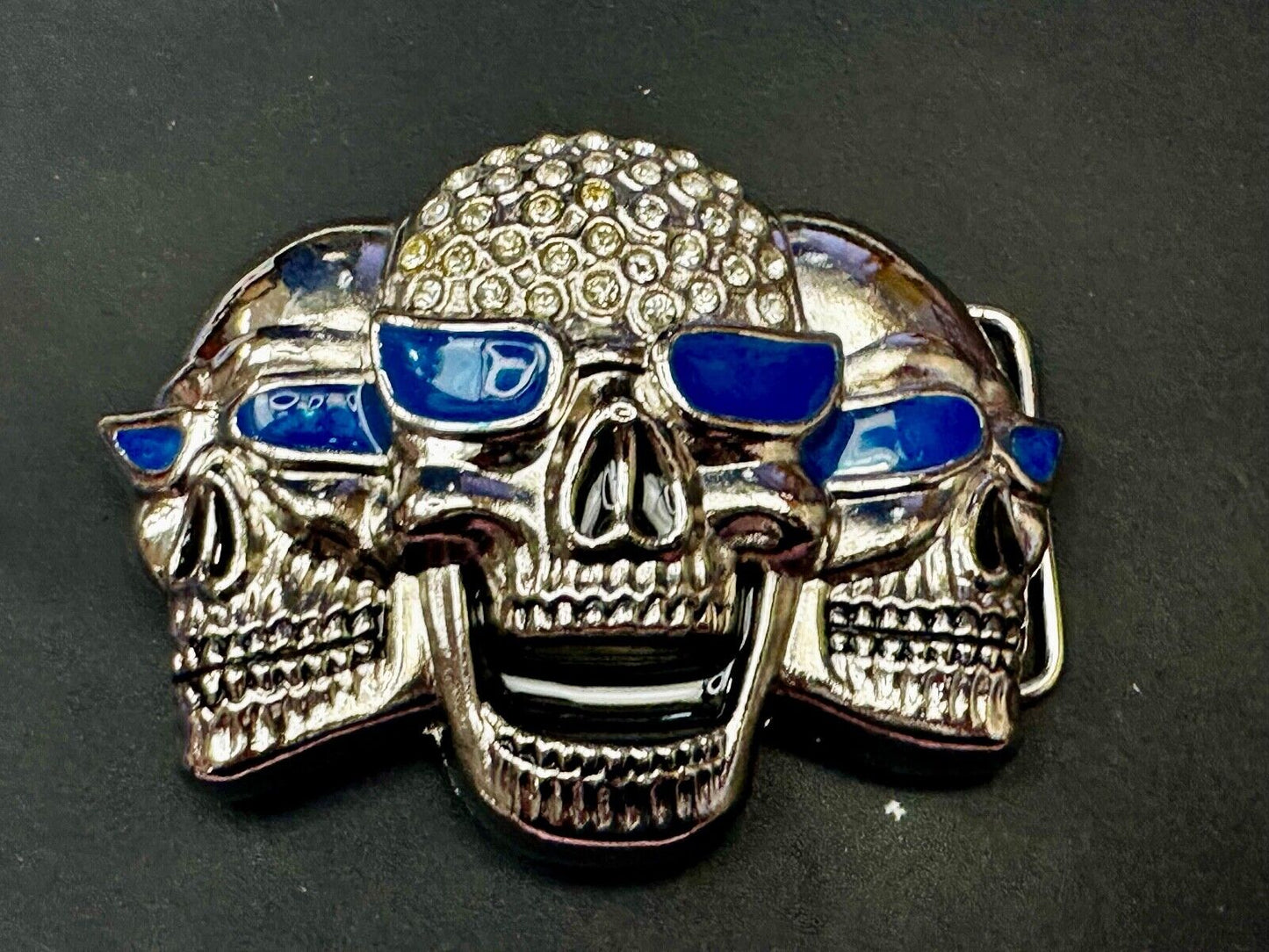 Three Skull's Heads Rhinestone Accented W/ Blue Shades Silver Tone Belt Buckle